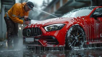 Man washing a red car using a high-pressure water system on a sunny day photo