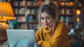 A young woman in a yellow sweater working on a laptop in a cozy library at night photo