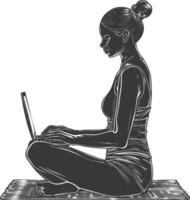 woman playing on laptop while sitting cross legged with engraving style vector