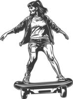 woman riding hoverboard with engraving style black color only vector