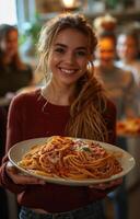 Friends enjoying a pasta meal together at home, celebrating and sharing the joy of a family dinner photo
