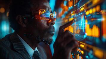 Man in suit and tie with LED lit smart glasses pointing at interactive screen showing graphs, charts, data photo