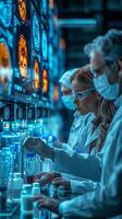 High tech medical lab scene with three doctors in white coats examining an advanced digital brain display photo