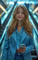 Young woman in blue suit and jeans, smiling, holding phone on escalator in shopping mall photo