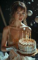 Brown haired woman with glittering gloves holds a huge birthday cake on the moon, against black background photo