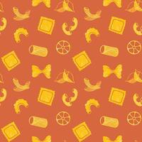 Pasta types seamless pattern on red background. Different shapes of Italian pasta. Spaghetti, Farfalle, penne, rigatoni, ravioli, fusilli, conchiglie, rotelle, paccheri flat illustration. vector
