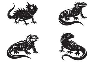 Bundle set of cutout chameleon black and white color silhouette set isolated on white background vector