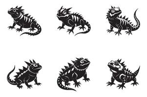 Bundle set of cutout chameleon black and white color silhouette set isolated on white background vector