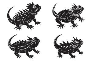 Bundle set of cutout chameleon black and white color silhouette set isolated on white background vector