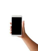 Female right hand holding and touching on mobile smartphone show back side. isolated on white background photo
