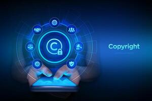 Copyright. Patents and intellectual property protection law and rights. Protect business ideas and headhunter concepts. Smartphone in hands. Using smartphone. illustration. vector