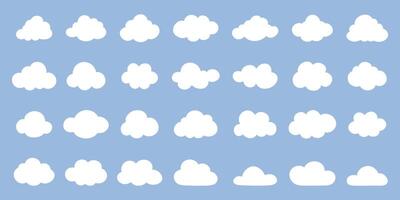 Simple minimalistic white cumulus clouds set on blue sky. Flat illustration vector