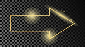 Gold glowing arrow shape frame isolated on dark background. Shiny frame with glowing effects. illustration. vector