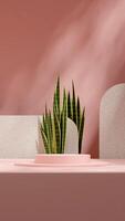 Pastel pink podium 3d rendering scene with snake plant and terrazzo backdrop in portrait layout photo