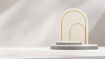 Bright scene terrazzo and concrete texture podium 3d rendering mockup in landscape with gold arch photo