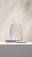 3d rendering mockup template concrete and terrazzo podium in portrait with geometric shape backdrop photo