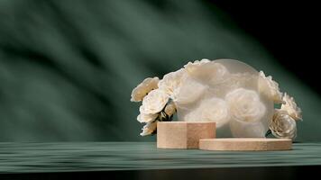 3d rendering mockup terrazzo texture podium with frosted glass and white rose backdrop in landscape photo