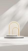 Bright scene terrazzo and concrete texture podium 3d rendering mockup in portrait with gold arch photo