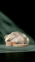 3d rendering mockup terrazzo texture podium with frosted glass and white rose backdrop in portrait photo