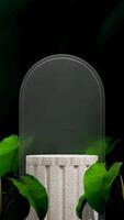 3d rendering mockup template terrazzo podium in portrait with frosted glass and plant in background photo
