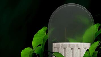 3d rendering mockup template terrazzo podium in landscape with frosted glass and plant in background photo