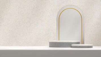 3d rendering mockup template concrete and terrazzo podium in landscape with geometric shape backdrop photo