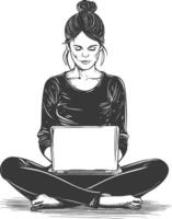 woman playing on laptop while sitting cross legged with engraving style vector