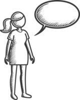 woman stick figure speech bubble with engraving style black color only vector