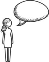 woman stick figure speech bubble with engraving style black color only vector