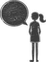 woman stick figure speech bubble with engraving style black color only vector