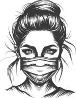 woman using face mask with engraving style black color only vector