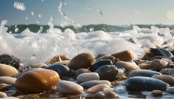 pebbles and rocks on the beach with waves crashing photo