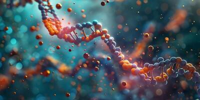 Closeup of colorful DNA strands in abstract background concept of genetics science, copy space photo