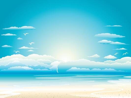 Sunny day view on Beach. Blue Sky with cloud and flying birds