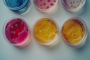 a row of Petri dishes with variously colored bacteria and microbial colonies on a white background. Microbial growth and diversity, for educational or scientific purposes for microbiology. photo