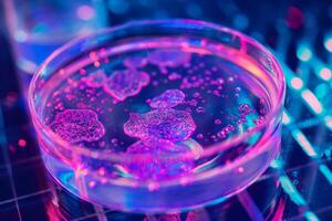petri dishes glowing with fluorescent pink and blue bacterial cultures, on a dark illuminated background with electronic circuit patterns. related to biotechnology and futuristic scientific research. photo