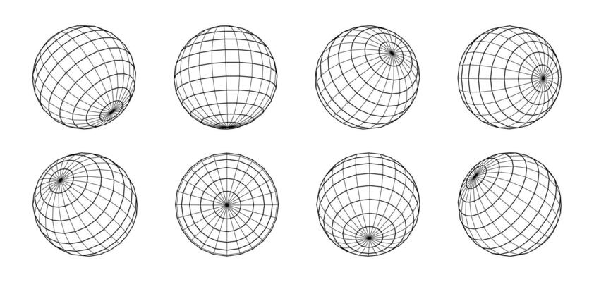Sphere grid illustration collection. Round polygonal surface spheres set.
