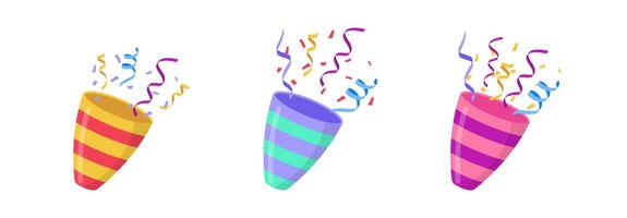 Holiday petard cracker set. Confetti firecracker multicolor illustration. vector