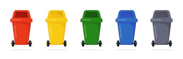 Trash bin multicolor set. Recycling waste garbage containers. vector