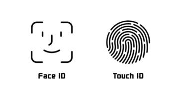Face id and touch id. Face ID icon. Touch ID. Identification icons. Facial recognition system, identification face. Finger scanner. Biometric verification. vector