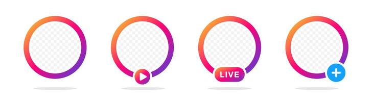 Social media story. live stream, new story badge set. Stories badges and live buttons. Circle frame for profile picture. Stories in social networks. Avatar frame vector