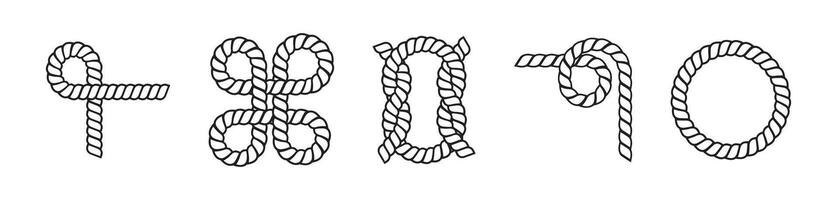 Rope knot collection. Braided cord curve set. vector