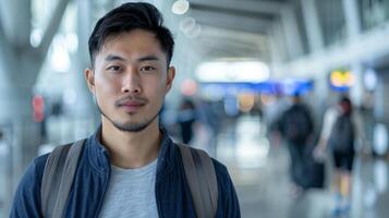 Confident young man at airport terminal. Portrait of a confident young Asian man standing in a busy airport terminal, ready for his journey. photo