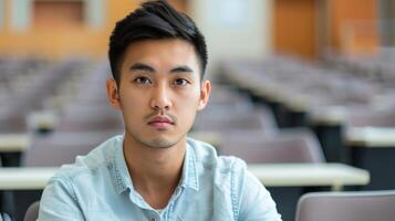 Serious young man in college lecture hall. Thoughtful student in a university lecture hall. Perfect for education and university related themes. photo