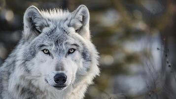 Majestic grey wolf portrait. Close-up portrait of a majestic grey wolf in its natural habitat, captivating gaze and powerful presence. photo
