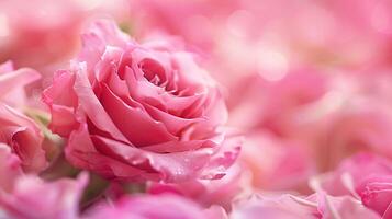 Pink rose close up, soft focus background. Macro photograph of a single pink rose, petals delicate and wet with dew drops, against a blurred background of more roses. photo