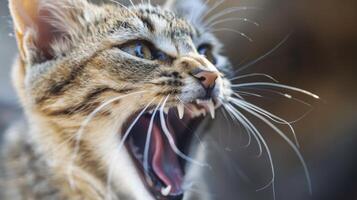 Angry cat growling. Close up portrait of a growling tabby cat showing teeth, a display of feline aggression photo