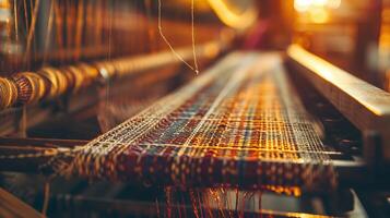 Traditional weaving loom creating textile. Close-up of a traditional weaving loom creating colorful textile, showcasing the ancient art of weaving. photo