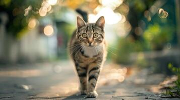 Tabby cat walking towards camera. A curious tabby cat walks towards the camera with a determined look in its eyes. photo