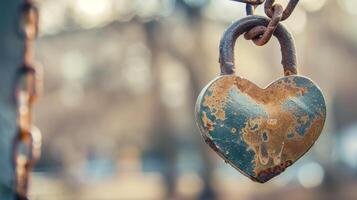 Rusty heart lock on chain. A vintage, heart-shaped lock hangs on a rusty chain, symbolizing enduring love and commitment. photo